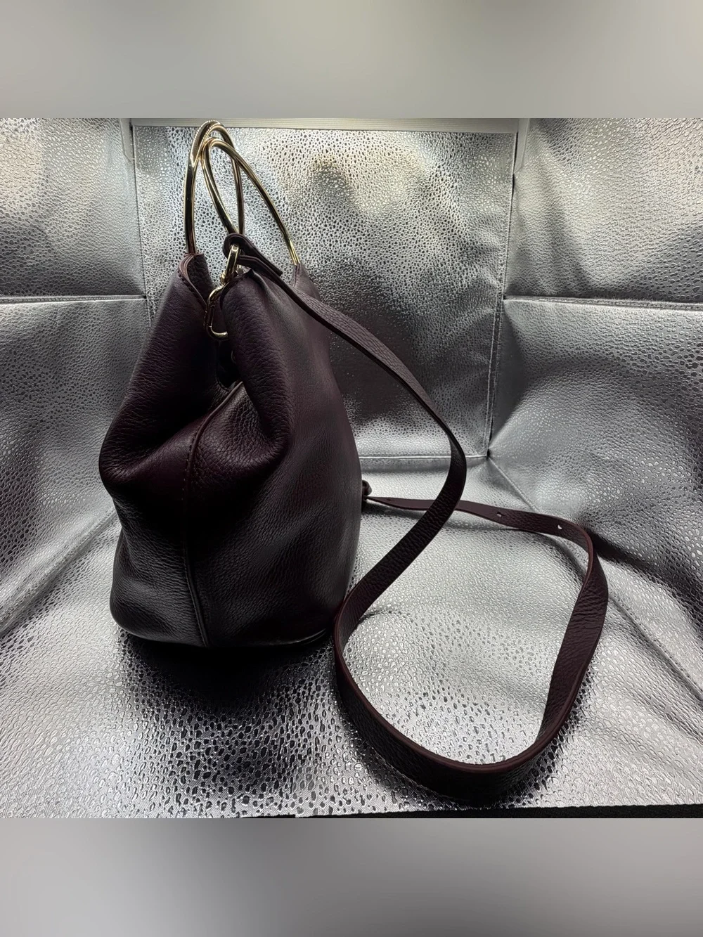 Thacker New York Bonnie O gold handle bucket Crossbody Purse burgundy Leather